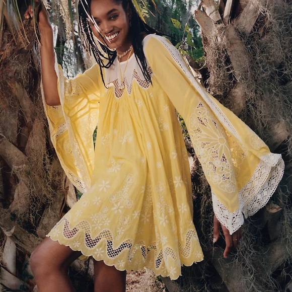 Free People x House of Aama Yellow 100% Cotton Floral Embroidered Mini Dress XS